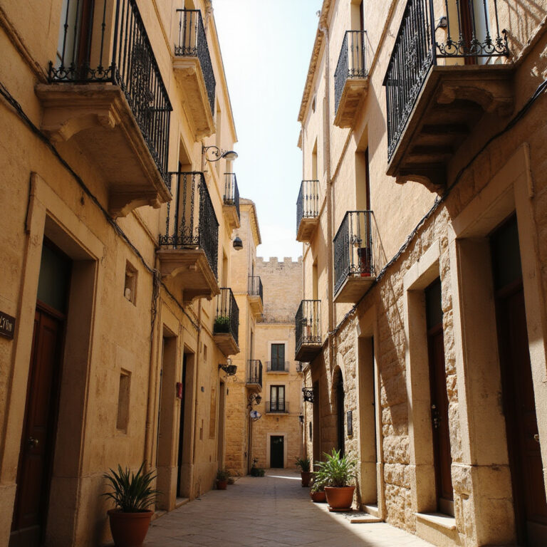 Wąskie uliczki Senglea z widokiem na tradycyjne maltańskie balkony i kamienne mury