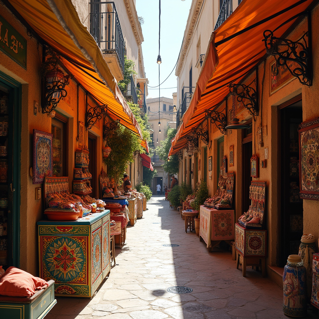 Wąskie uliczki tunezyjskiej medyny z kolorowymi straganami i tradycyjnymi budynkami