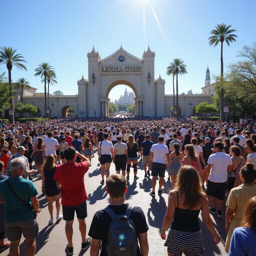 Tłum ludzi przed wejściem do Universal Studios w słoneczny dzień