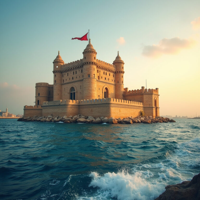 Widok na Cytadelę Qaitbay z morza, starożytna forteca w Aleksandrii