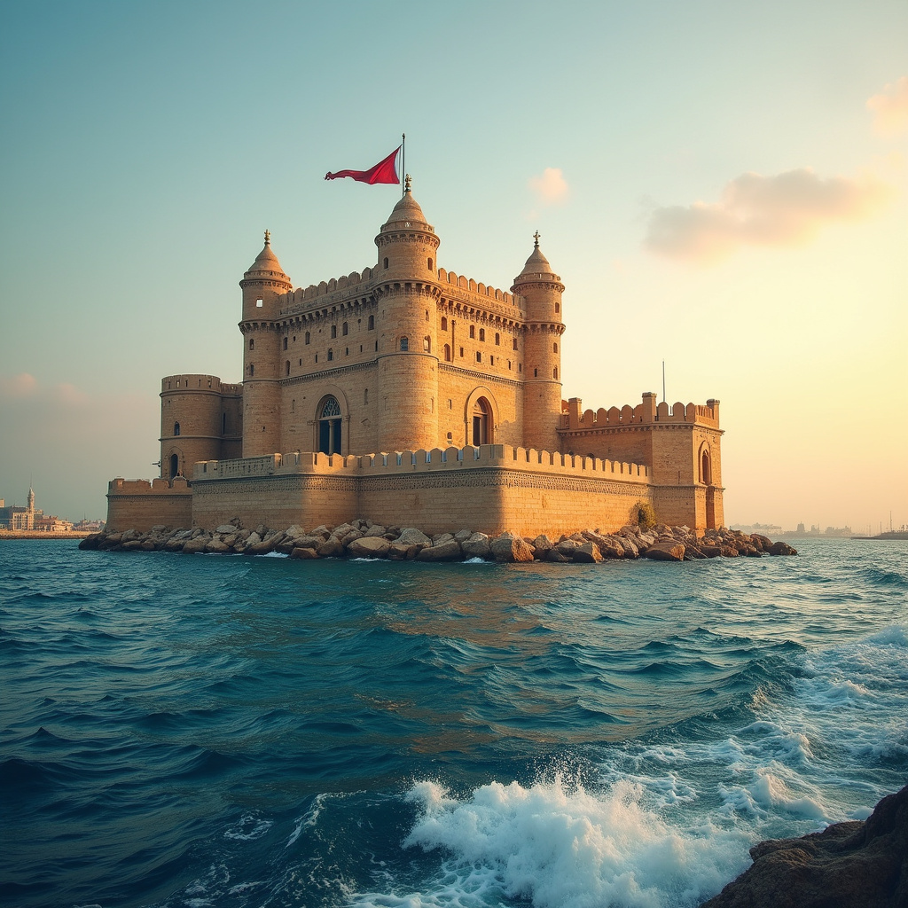 Widok na Cytadelę Qaitbay z morza, starożytna forteca w Aleksandrii