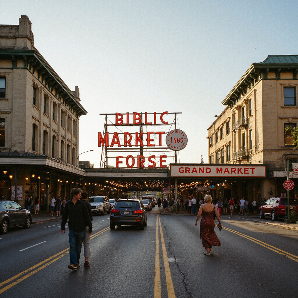 Ulica w Los Angeles z widokiem na Grand Central Market i okoliczne budynki