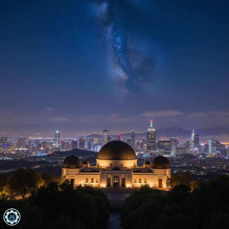 Widok na Griffith Observatory w Los Angeles z panoramą miasta w tle, idealne miejsce na obserwacje astronomiczne