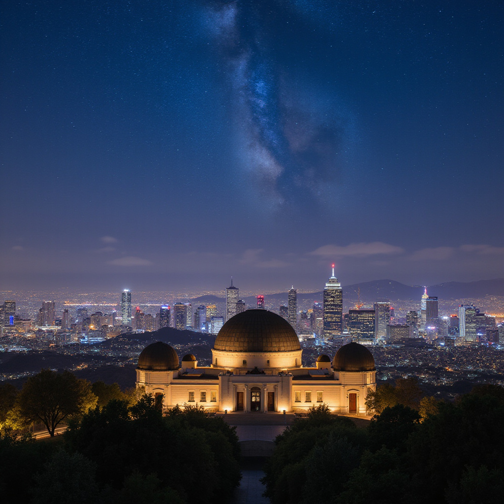 Widok na Griffith Observatory w Los Angeles z panoramą miasta w tle, idealne miejsce na obserwacje astronomiczne