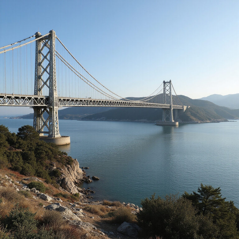 Most Rio-Antirrio widziany z brzegu zatoki Korynckiej, inżynieryjny majstersztyk, panorama