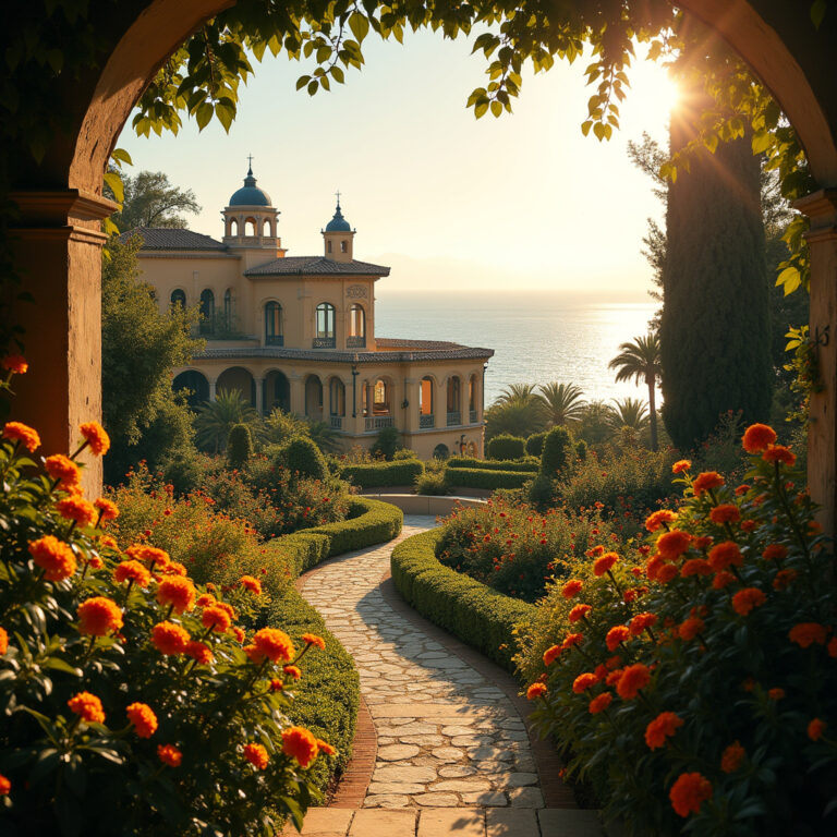 Pałac Montaza widziany z ogrodów, otoczony bujną roślinnością i morzem