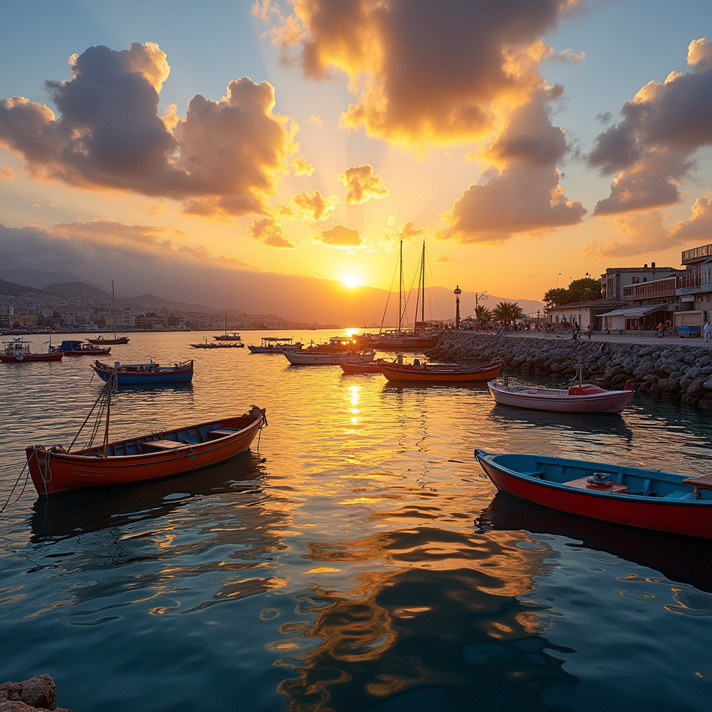 Widok na port w Patras z kolorowymi łodziami i zachodzącym słońcem