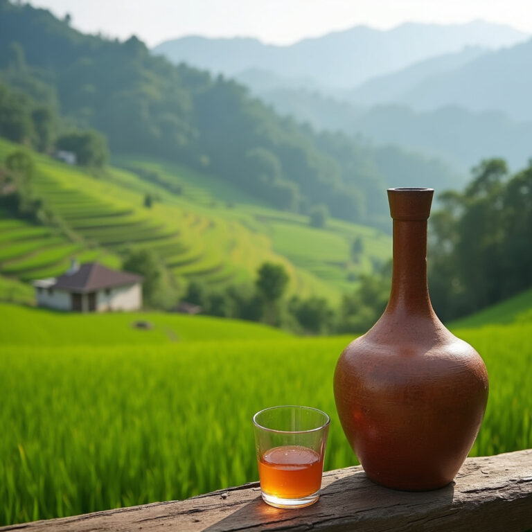 Tradycyjne wino ryżowe Sapa w glinianym dzbanku na tle tarasów ryżowych