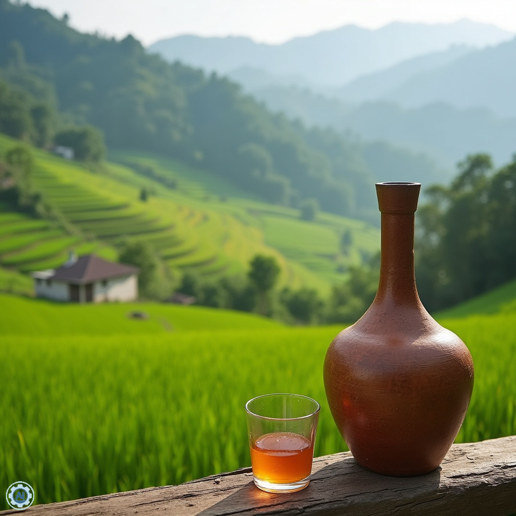 Tradycyjne wino ryżowe Sapa w glinianym dzbanku na tle tarasów ryżowych