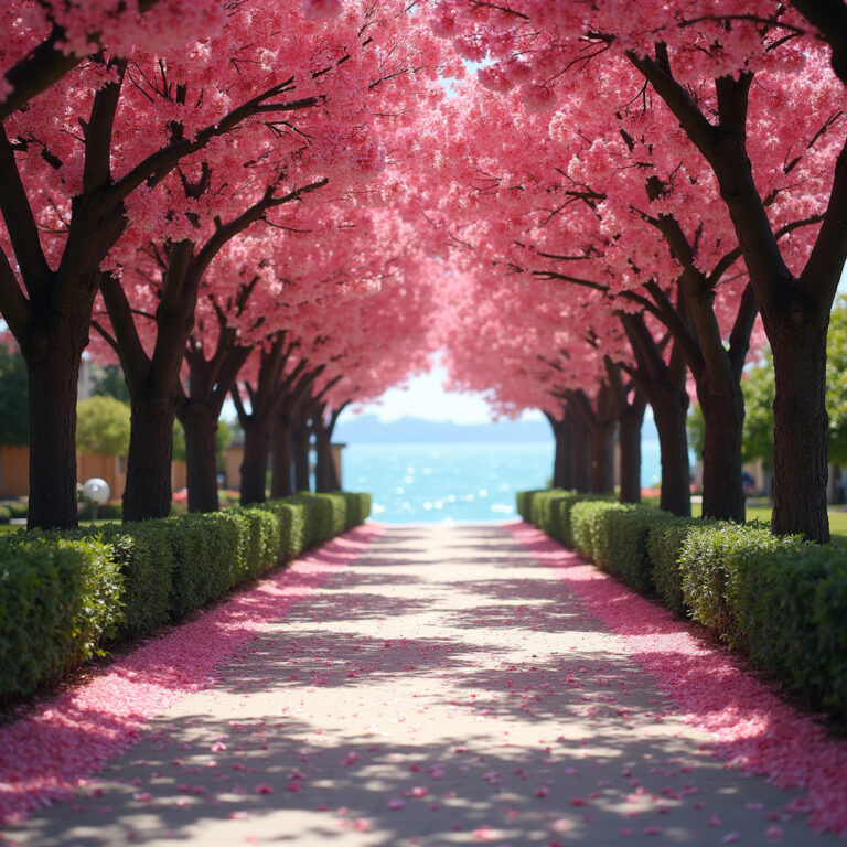Aleksandria wiosną - ulica z widokiem na morze i kwitnące drzewa