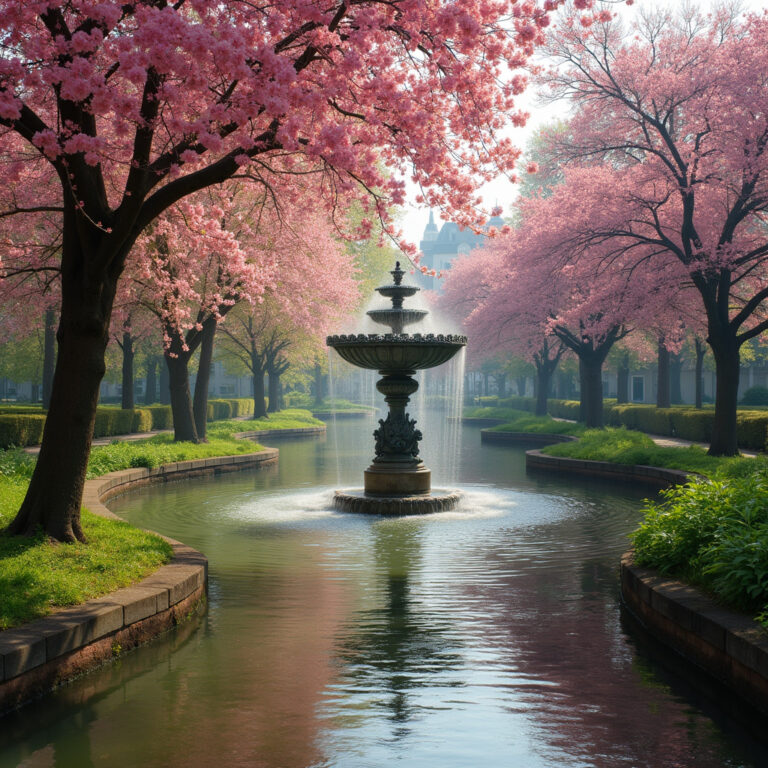 Ołomuniec wiosną - kwitnące drzewa przy barokowej fontannie