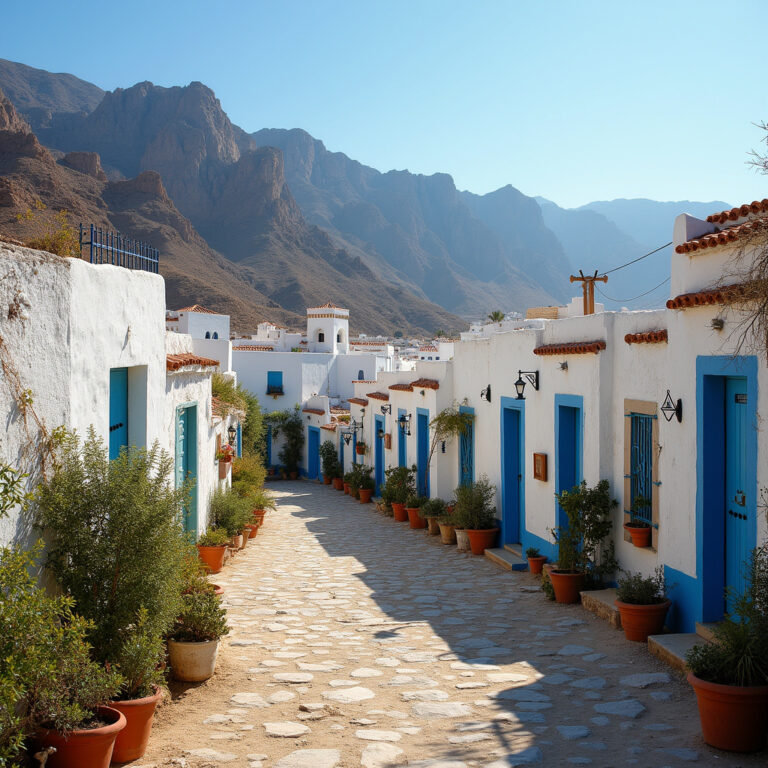 Wioska berberyjska w Tunezji z tradycyjnymi domami i górami w tle