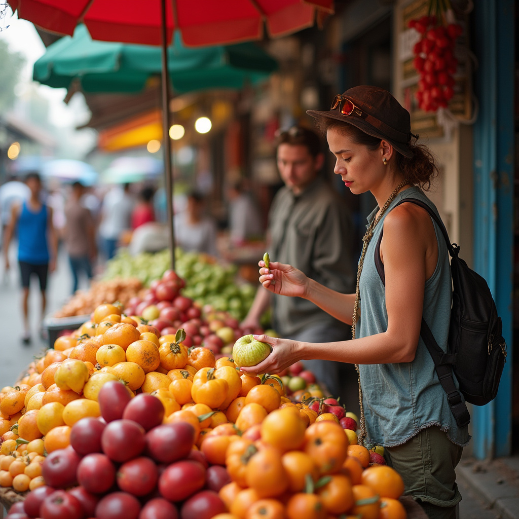 Podróżnik wybiera owoce na targu w Hanoi, bezpieczne jedzenie w Azji