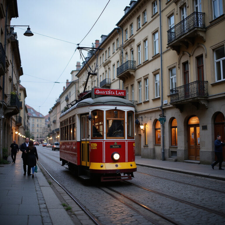 Zabytkowy tramwaj na ulicy w Ołomuńcu, otoczony historycznymi kamienicami