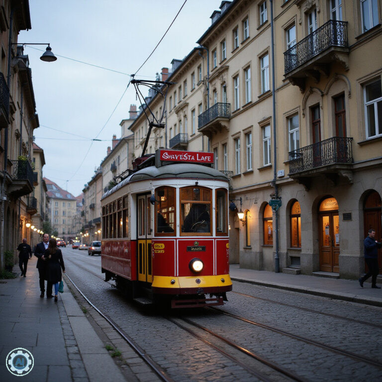Zabytkowy tramwaj na ulicy w Ołomuńcu, otoczony historycznymi kamienicami