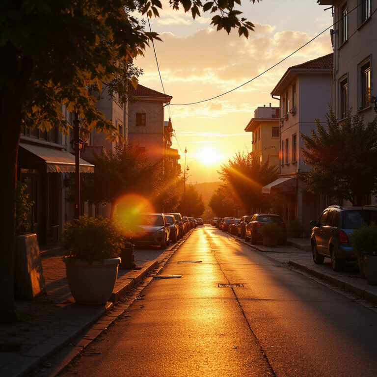 Ulica w Patras oświetlona złotym światłem podczas zachodu słońca, idealna do fotografii krajobrazowej