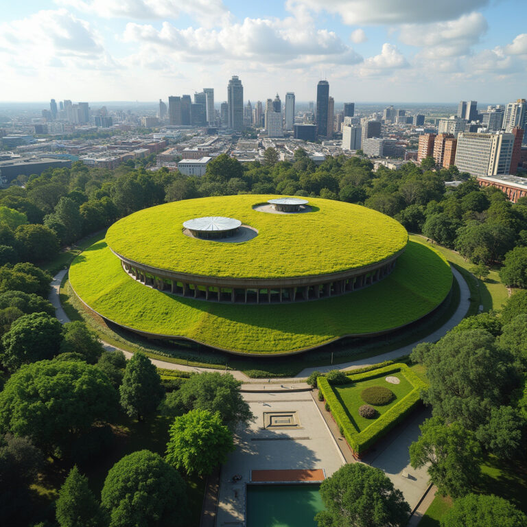 zielony dach Parlamentu w Canberze z widokiem na miasto, architektura harmonijna z naturą