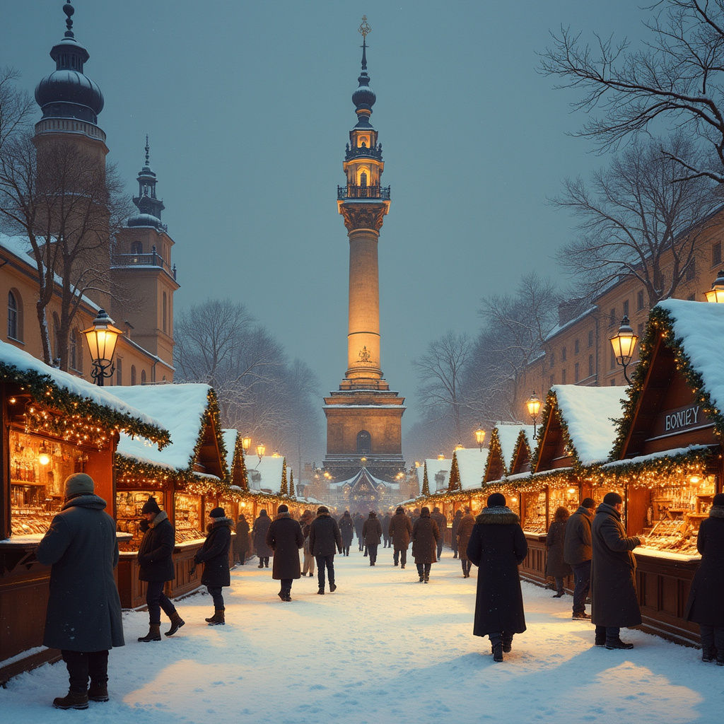 Zimowy rynek w Ołomuńcu z kolumną Trójcy Świętej