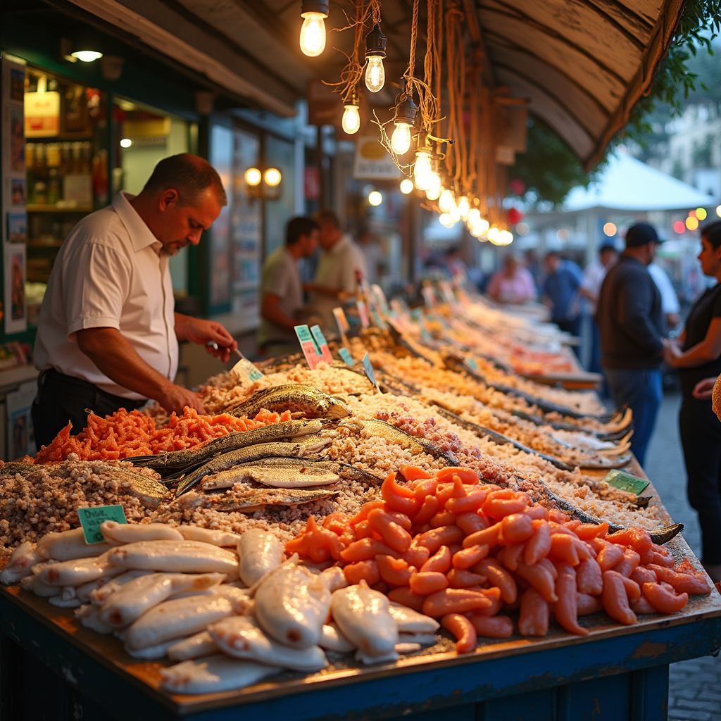 Stragany z owocami morza na targu rybnym, greckie specjały, atmosfera targu