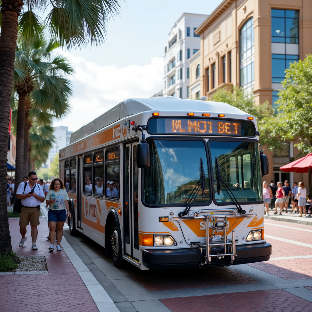 Ulica w Orlando z widocznym autobusem LYNX i turystami
