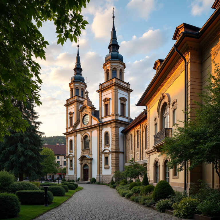 Widok na kościół św. Marii Magdaleny w Karlowych Warach, barokowa fasada i wieże