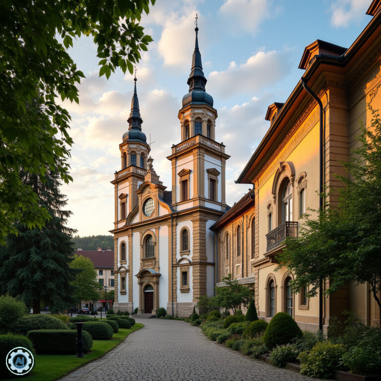 Widok na kościół św. Marii Magdaleny w Karlowych Warach, barokowa fasada i wieże