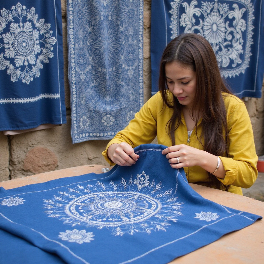 Tradycyjne tkaniny barwione indygo na warsztatach w Sapa, ręcznie malowane wzory