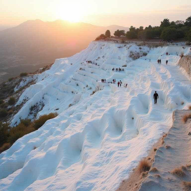 Białe tarasy Pamukkale z turystami spacerującymi po wapiennych kaskadach, turecki krajobraz