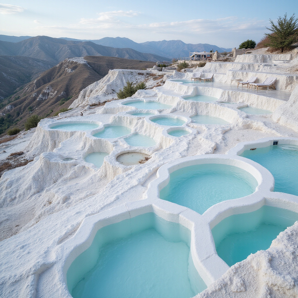 Białe tarasy Pamukkale z widokiem na hotele z basenami termalnymi, trawertyny, relaks