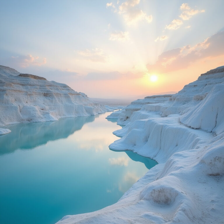 Białe tarasy Pamukkale o wschodzie słońca z odbiciem nieba w wodzie