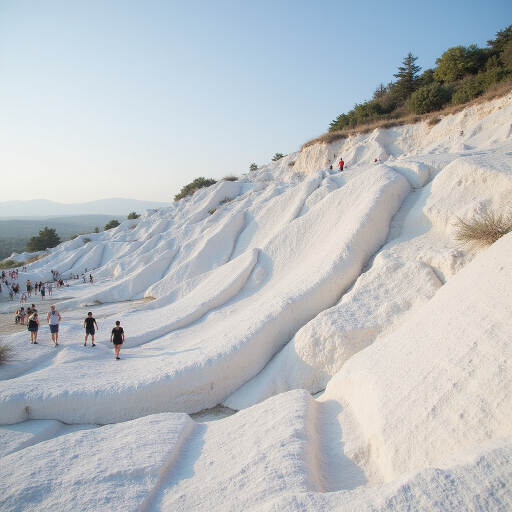 Białe tarasy Pamukkale w Hierapolis z turystami spacerującymi po wapiennych formacjach