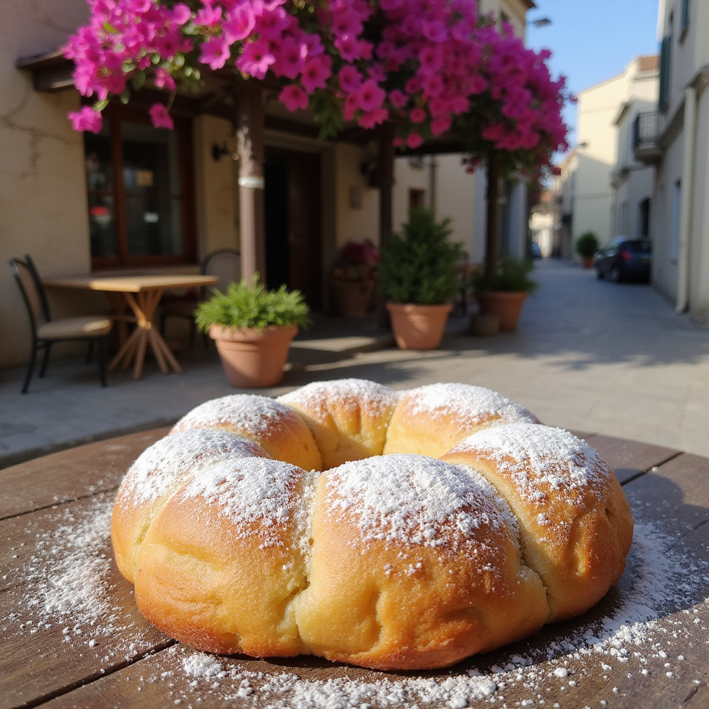 Bougatsa z Heraklionu na tle ulicznej kawiarni w Heraklionie