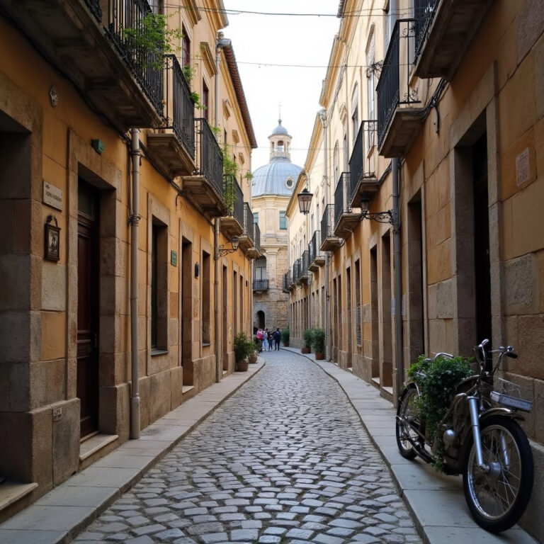 Brukowana uliczka w Évorze z widocznymi zabytkami w tle