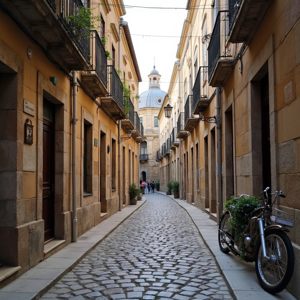 Brukowana uliczka w Évorze z widocznymi zabytkami w tle