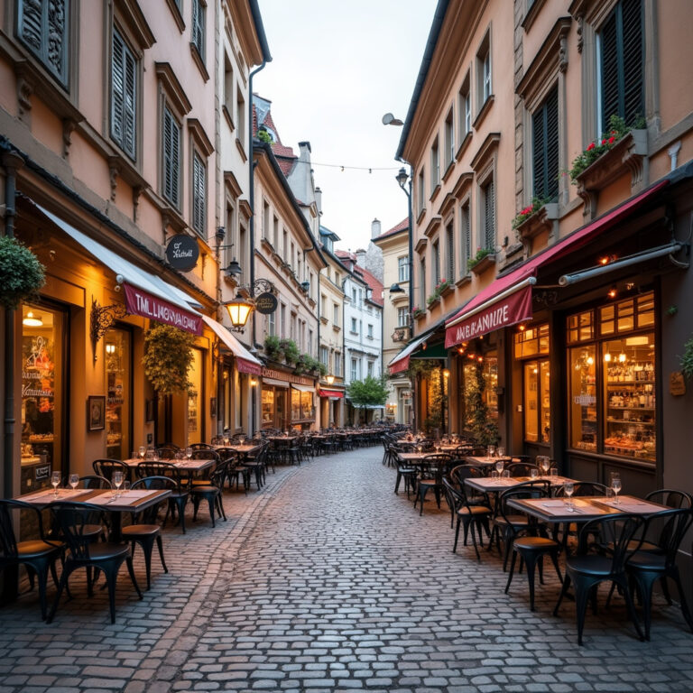Brukowana uliczka w Zagrzebiu z kawiarniami i zabytkowymi kamienicami