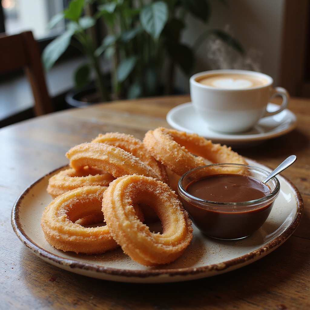 Talerz z churros i czekoladą na śniadanie w madryckiej kawiarni