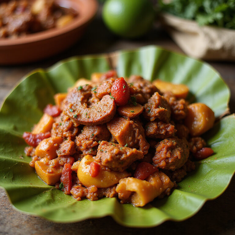 Tradycyjne danie Majów Cochinita Pibil podawane na liściu bananowca w Tulum