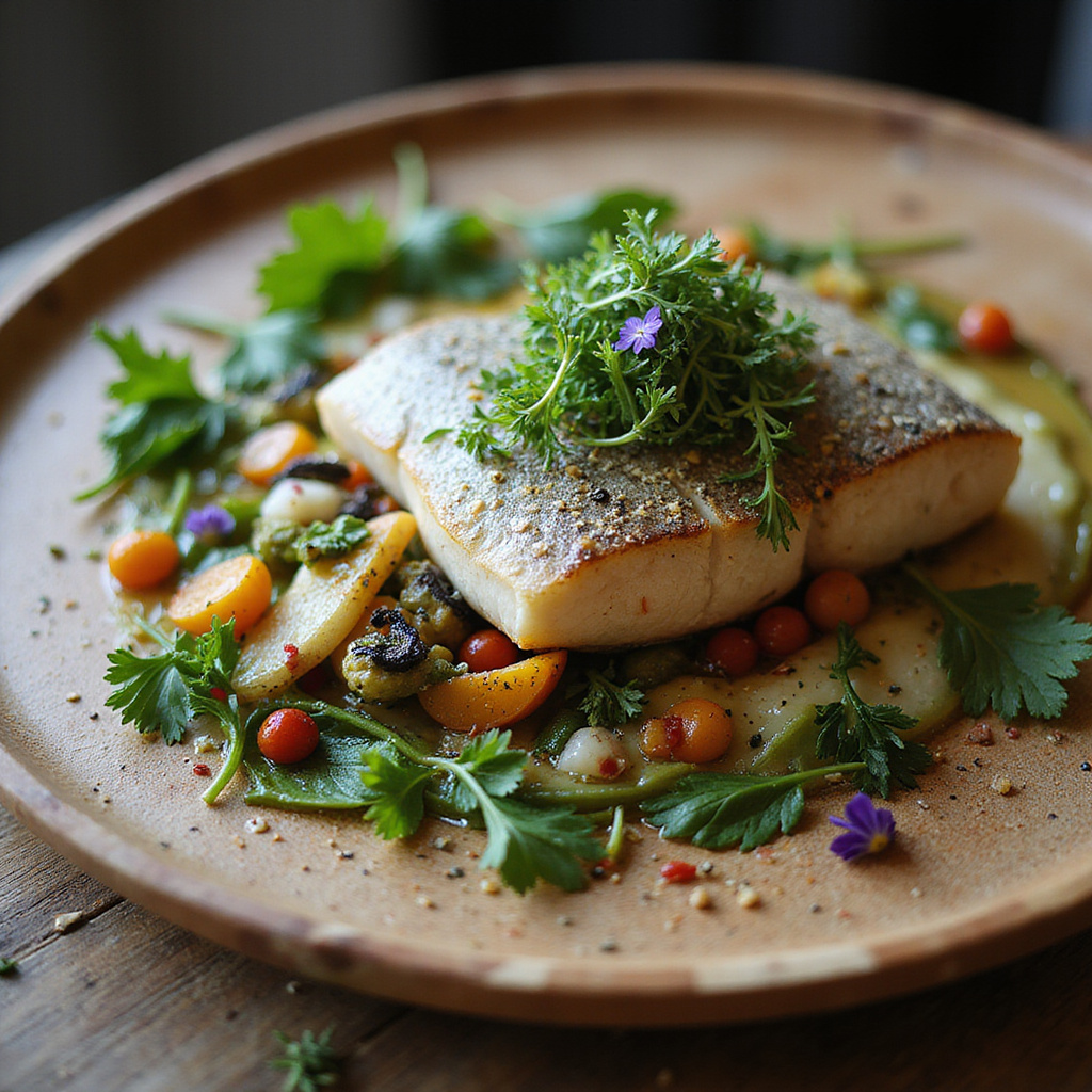 Świeży pstrąg serwowany w Trout Tree Restaurant z lokalnymi warzywami i sosami