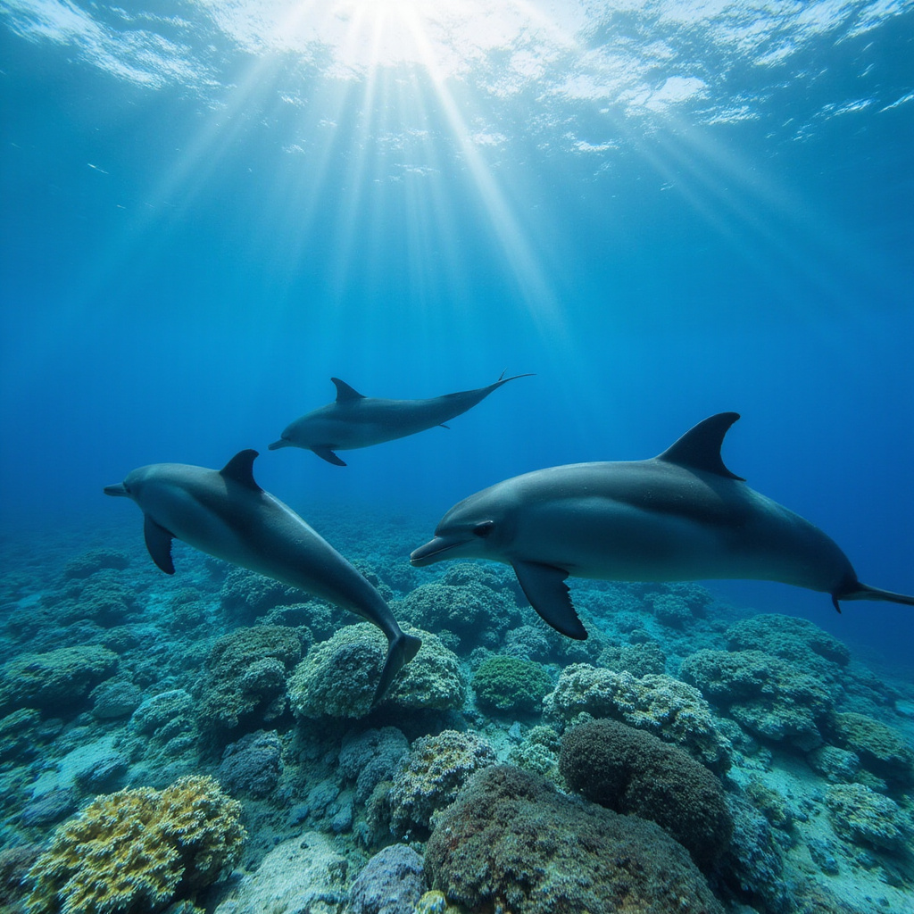 Delfiny butlonose pływające w krystalicznych wodach Samadai Reef, rafa koralowa w tle