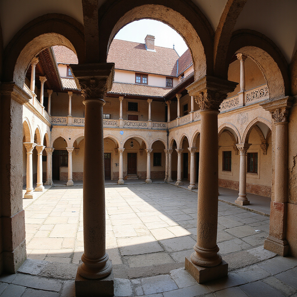 Dziedziniec Zamku Książąt Pomorskich z arkadami i renesansowymi detalami