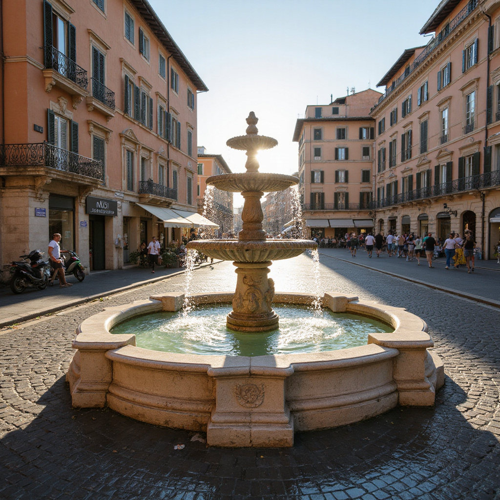 Ulica w Rzymie z widoczną fontanną Nasoni i zabytkową architekturą w tle