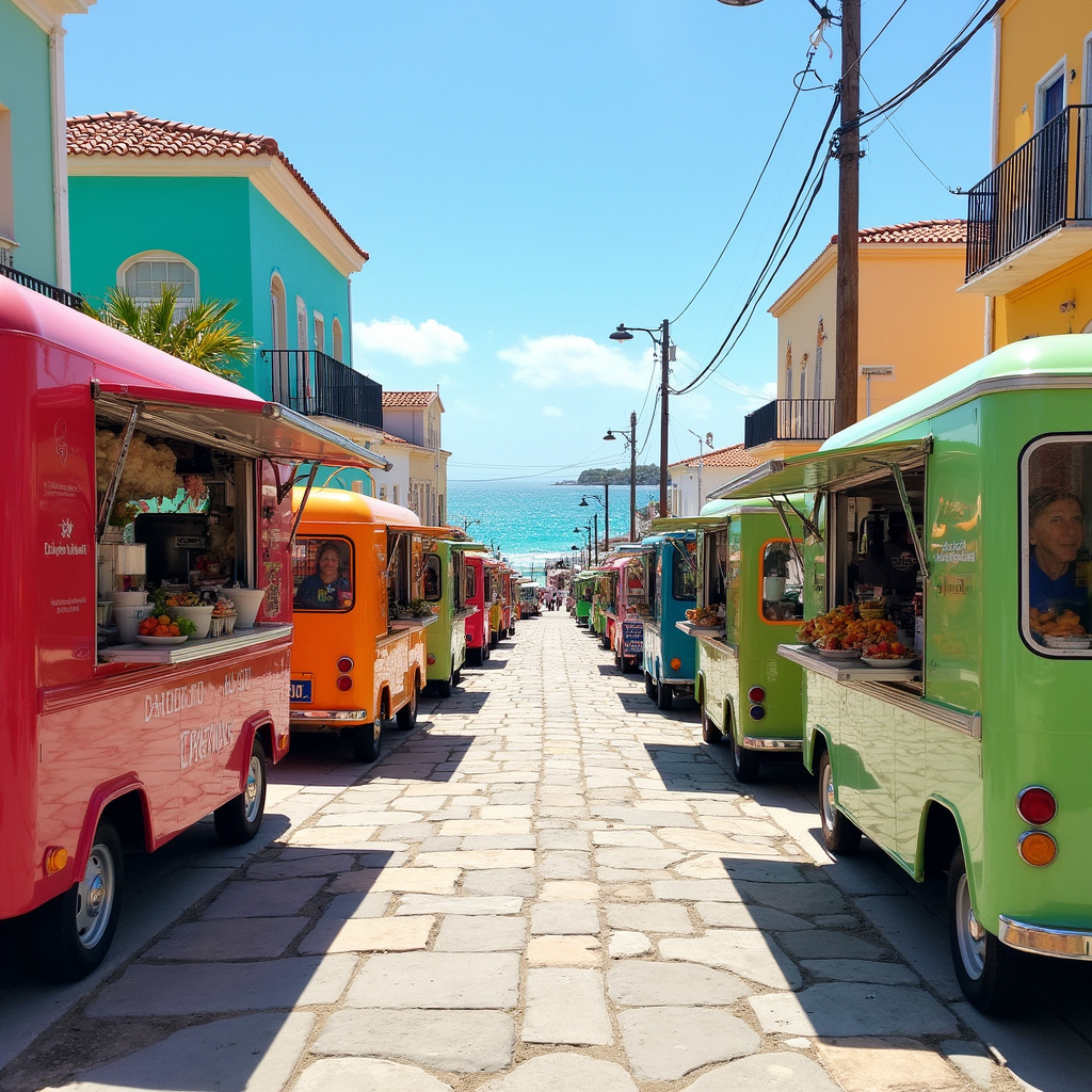 Ulica na Comino z widokiem na food trucki serwujące roślinne przekąski