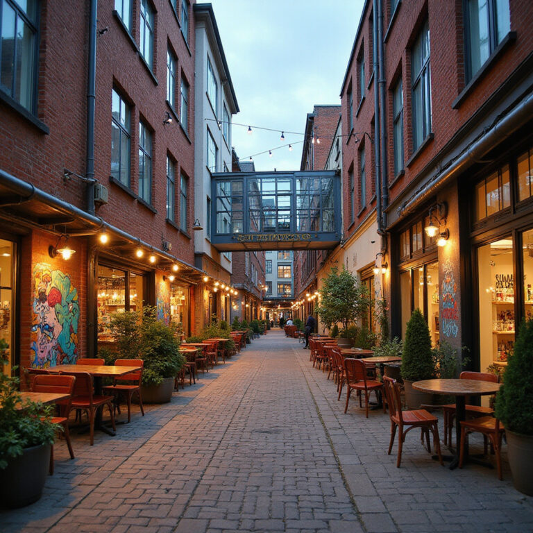 Industrialna ulica w Łodzi z muralami i kawiarniami w Off Piotrkowska Center