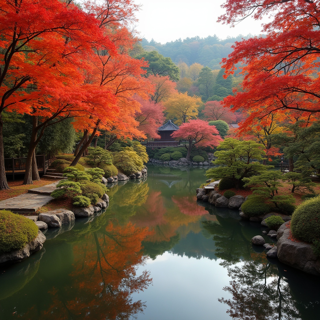 Jesienne kolory w Shukkei-en, klony i staw, tradycyjny japoński ogród