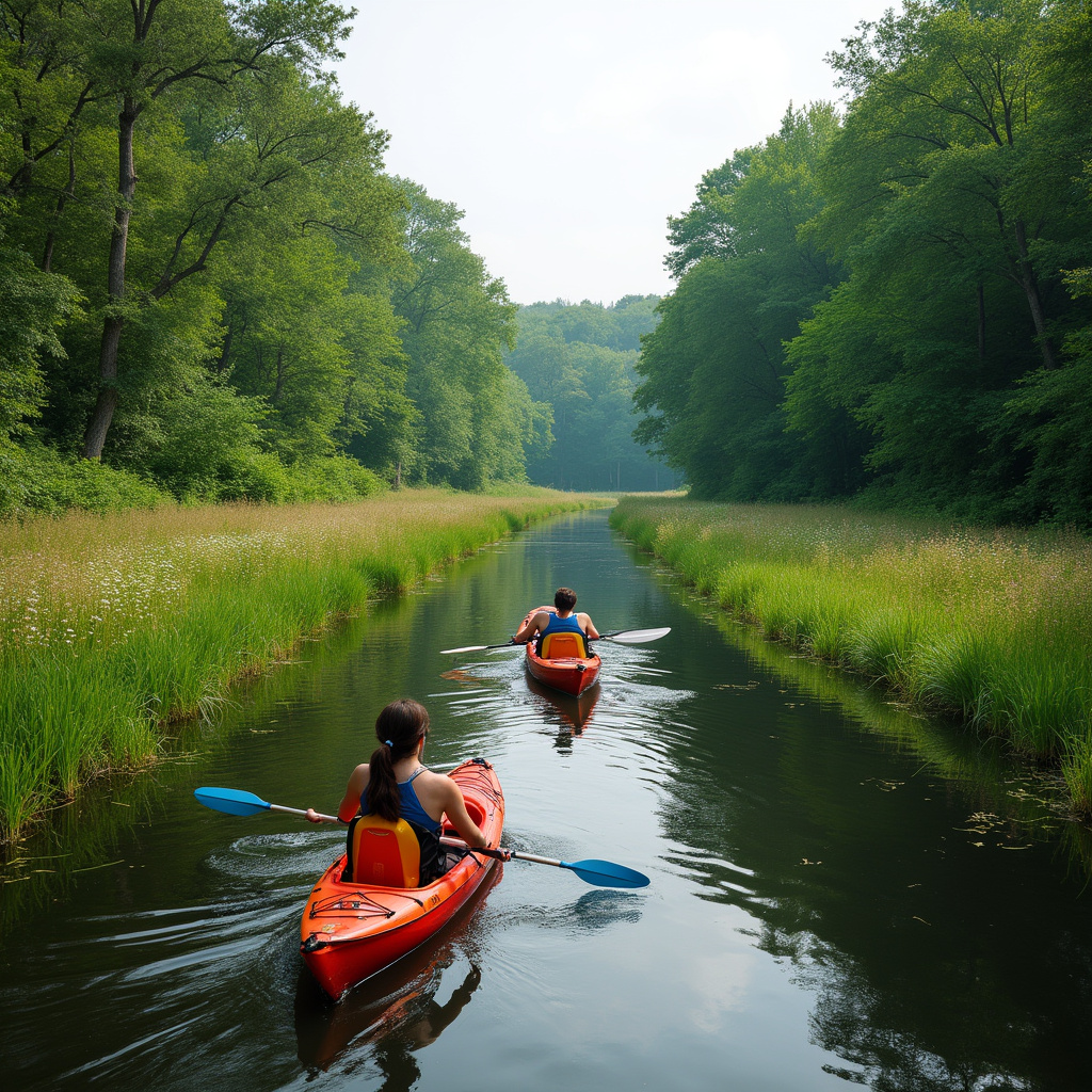 Spływ kajakowy po rzece Lielupe wśród zielonych lasów i łąk