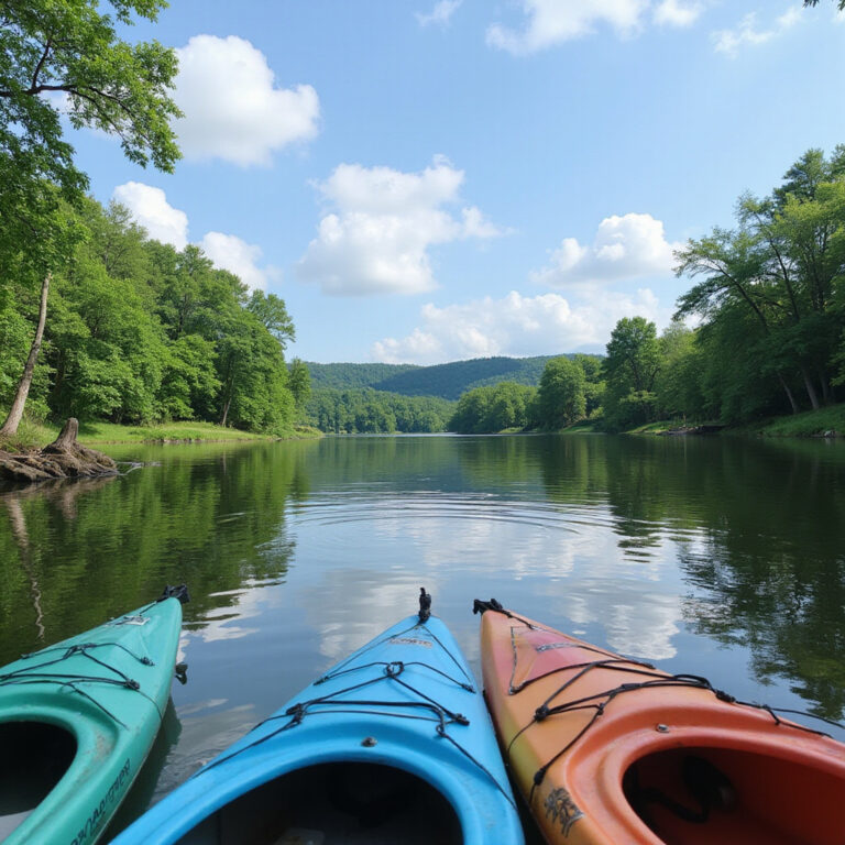 Widok na Jezioro Dąbie z kajakami i zielonymi lasami w tle, idealne miejsce na aktywny wypoczynek