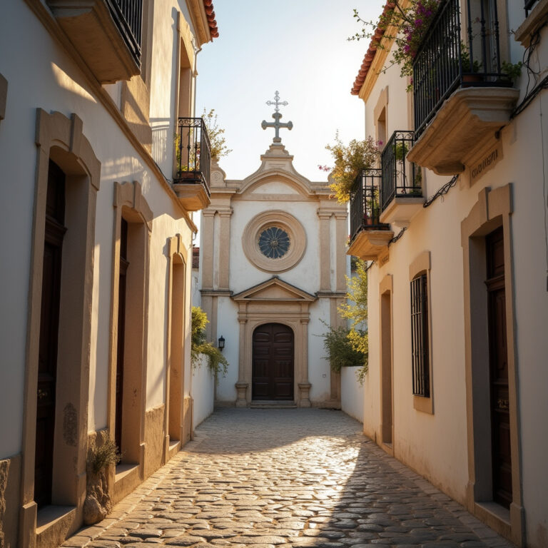 Katedra w Évorze widziana z wąskiej uliczki, otoczona białymi domami