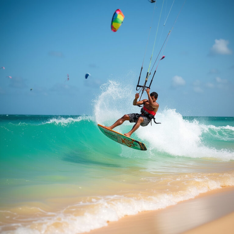 Kitesurfing w Cabarete na tle turkusowej wody i złotej plaży