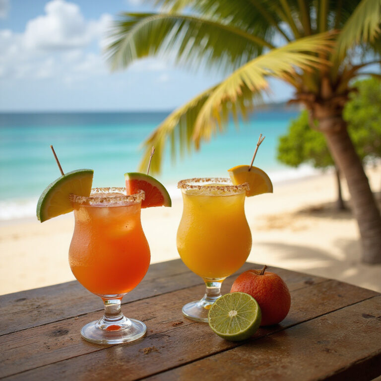 Koktajle z tropikalnych owoców Las Terrenas na tle plaży
