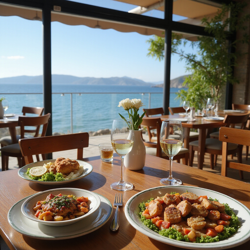 Stół w restauracji z widokiem na morze, zastawiony greckimi przysmakami Heraklion